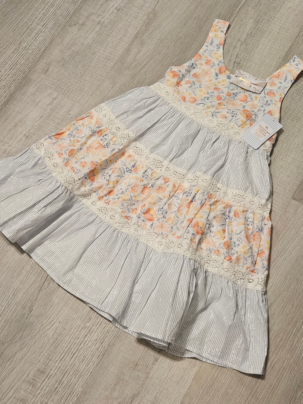 Tommy Bahama Peach Floral & White Pinstripe Tiered Sundress NWT